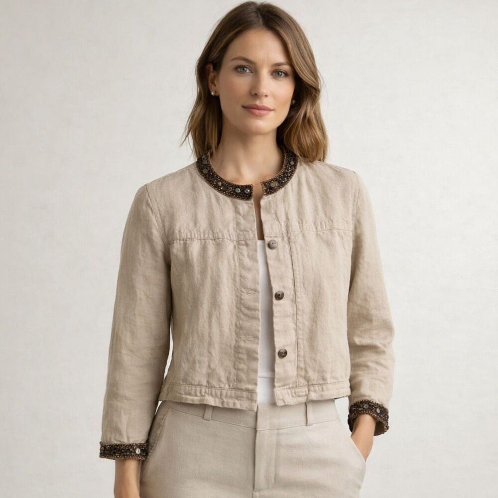 Carol Little Petite Linen Cropped Jacket Beaded Trim PM Beige